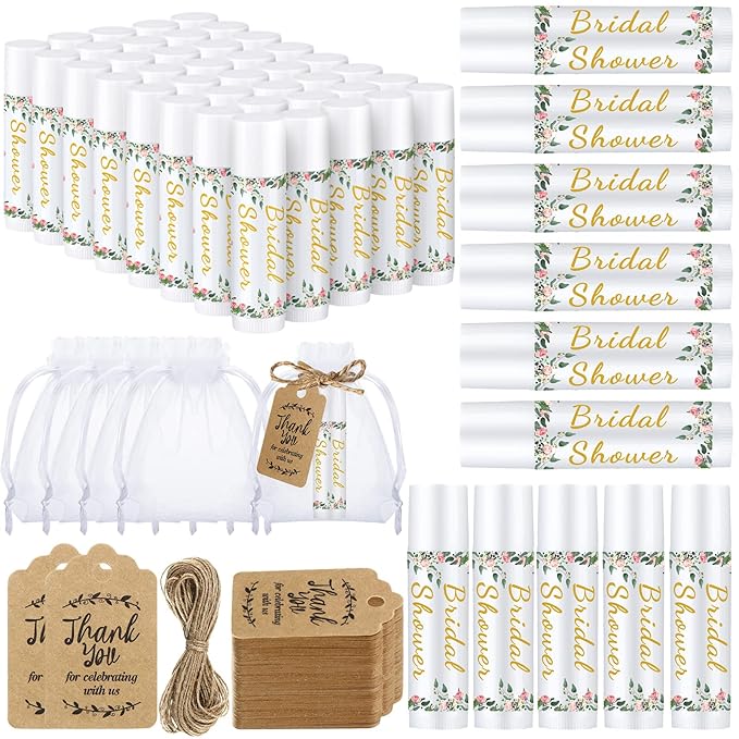 Demissle 50 Pcs Bridal Shower Lip Balm Gift Set with 100 Pcs Organza Bags Thank You Tags 20 Meters Rope wedding Party Favor for Guest Favors Gift Party Decoration Souvenirs(Floral)-Velvo Beauty