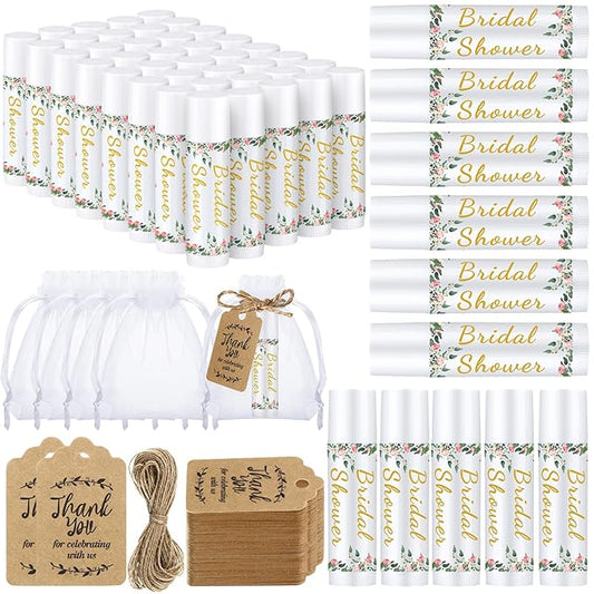 Demissle 50 Pcs Bridal Shower Lip Balm Gift Set with 100 Pcs Organza Bags Thank You Tags 20 Meters Rope wedding Party Favor for Guest Favors Gift Party Decoration Souvenirs(Floral)-Velvo Beauty