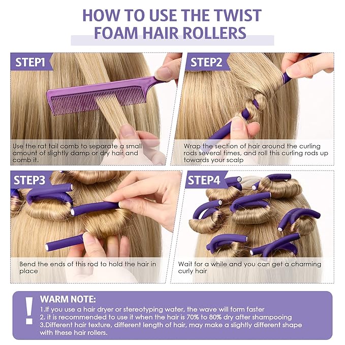 Syhood 30 Pcs 7'' Flexible Curling Rods Twist Foam Hair Rollers Soft Foam No Heat Hair Rods Rollers and 1 Steel Pintail Comb Rat Tail Comb for Women Long Short Hair(Purple,7 x 0.3 Inch)-Velvo Beauty
