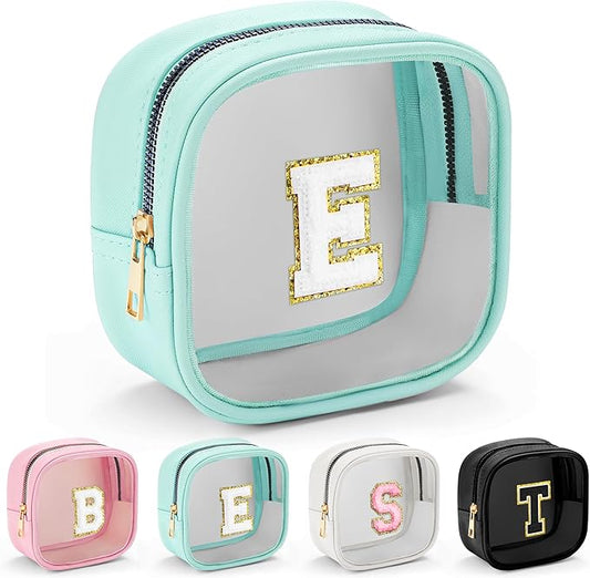 YOOLIFE Initial Make Up Bag Travel Toiletry Bag, Clear Makeup Bag Preppy Cosmetic Bags Organizer Travel Essentials Gifts for Women Teen Girlfriend Teacher Mom Birthday Mothers Day Gifts Blue E-Velvo Beauty