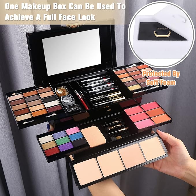 Professional Makeup Kit for Women Girls Full Kit with Mirror 58 Colors All in One Make up Gift Set Included Eyeshadow,Compact Powder,Blusher,Lipstick,Eyebrow Pencil,Gitter Gel,Eyeliner,Mascara (Y)-Velvo Beauty
