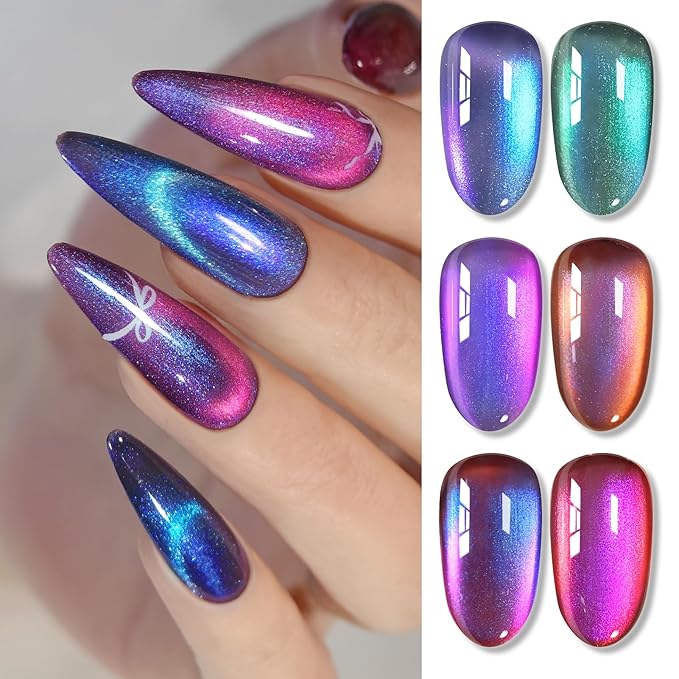 Born Pretty Magnetic Gel Nail Polish Set,Purple Blue Cat Magnetic Eye Gel Jelly Glass Crystal Magnetic Gel Polish Nail Art Manicure Kit 6PCS-Velvo Beauty