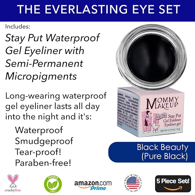The Everlasting Eye 5 Piece Waterproof Makeup Set. Gel Eyeliner, Creme Eyeshadow, 2 brushes and Mesh Bag. Paraben-free, Talc-free, Cruelty-free. Anna/Black Beauty 1201-Velvo Beauty