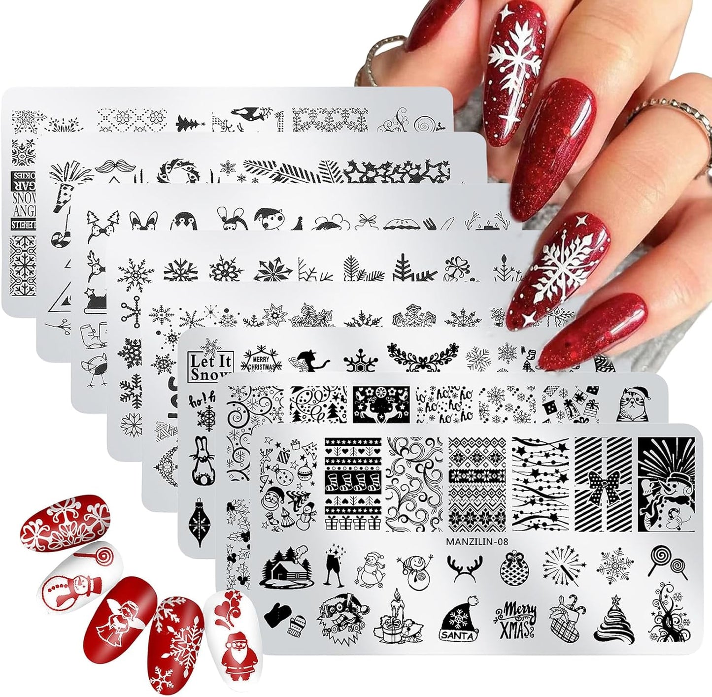 Christmas Nail Stamping Plates - Winter Stamp Kit with Snowflake, Santa Claus, Christmas Tree, Elk & Candy Bells Designs - DIY Stainless Steel Nail Image Polish Template Kit (8Pcs)-Velvo Beauty