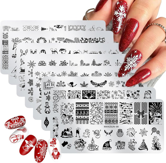 Christmas Nail Stamping Plates - Winter Stamp Kit with Snowflake, Santa Claus, Christmas Tree, Elk & Candy Bells Designs - DIY Stainless Steel Nail Image Polish Template Kit (8Pcs)-Velvo Beauty
