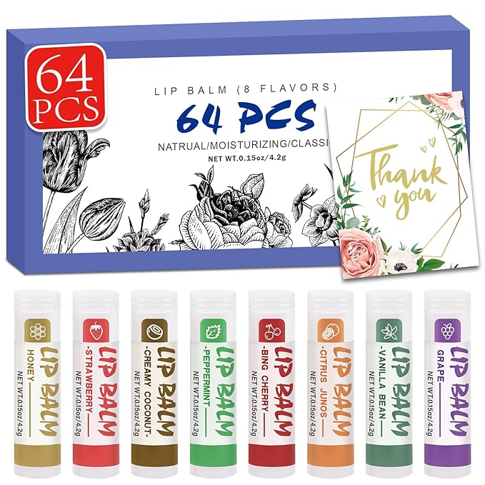 64 Pack Lip Balm, Natural Lip Balm Bulk with Vitamin E and Coconut Oil, Moisturizing Soothing Chapped Lips-8 Flavors-Velvo Beauty