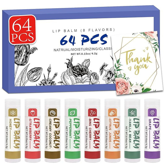 64 Pack Lip Balm, Natural Lip Balm Bulk with Vitamin E and Coconut Oil, Moisturizing Soothing Chapped Lips-8 Flavors-Velvo Beauty