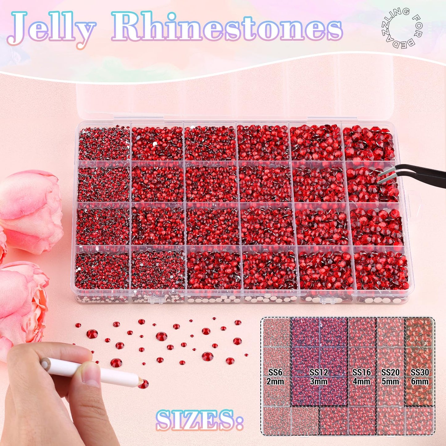 30000Pcs Resin Red Rhinestones with B7000 Jewelry Glue for Crafting, 2-6mm Non Hotfix Flatback Gems, Bedazzling Crystal for DIY Crafts Clothing Tumblers Mugs Shoes Fabric Decor Nail Art-Velvo Beauty