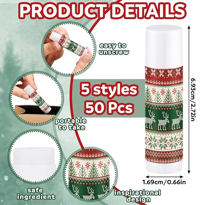 Dunzy 50 Pcs Lip Balm in Bulk Christmas Gift Set Moisturizing Lip Ugly Sweater Baby Shower Party Favor Supplies with Assorted Fruit Flavors for Women Men Dry Chapped Lips Holiday Gift Prize-Velvo Beauty