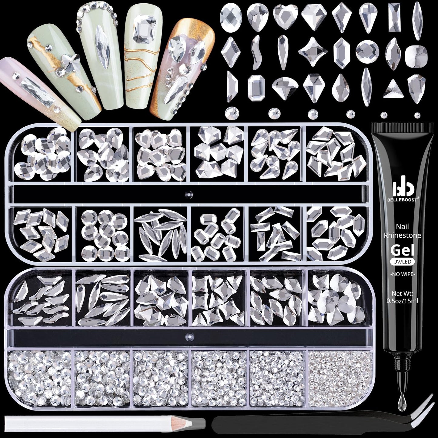 1680Pcs Silver Clear Nail Rhinestones 180Pcs Multi Shapes Glass Flatback Nail Gems + 1500Pcs 1.5-4mm Round Crystal with Rhinestones Glue Gel, Manicure Nail Charms Diamond Gemstones for Nail Art-Velvo Beauty