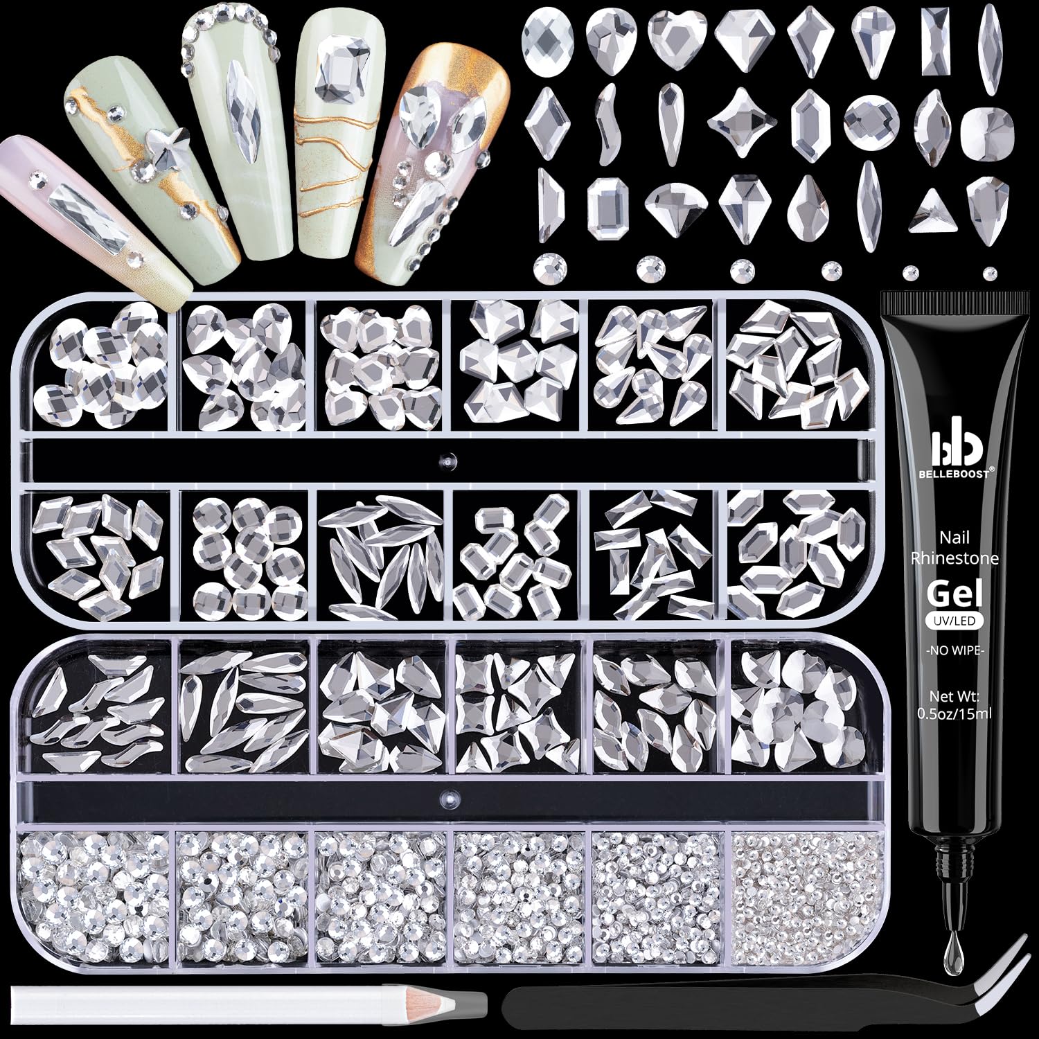 1680Pcs Silver Clear Nail Rhinestones 180Pcs Multi Shapes Glass Flatback Nail Gems + 1500Pcs 1.5-4mm Round Crystal with Rhinestones Glue Gel, Manicure Nail Charms Diamond Gemstones for Nail Art-Velvo Beauty
