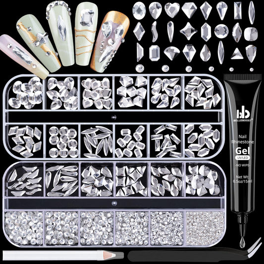 1680Pcs Silver Clear Nail Rhinestones 180Pcs Multi Shapes Glass Flatback Nail Gems + 1500Pcs 1.5-4mm Round Crystal with Rhinestones Glue Gel, Manicure Nail Charms Diamond Gemstones for Nail Art-Velvo Beauty