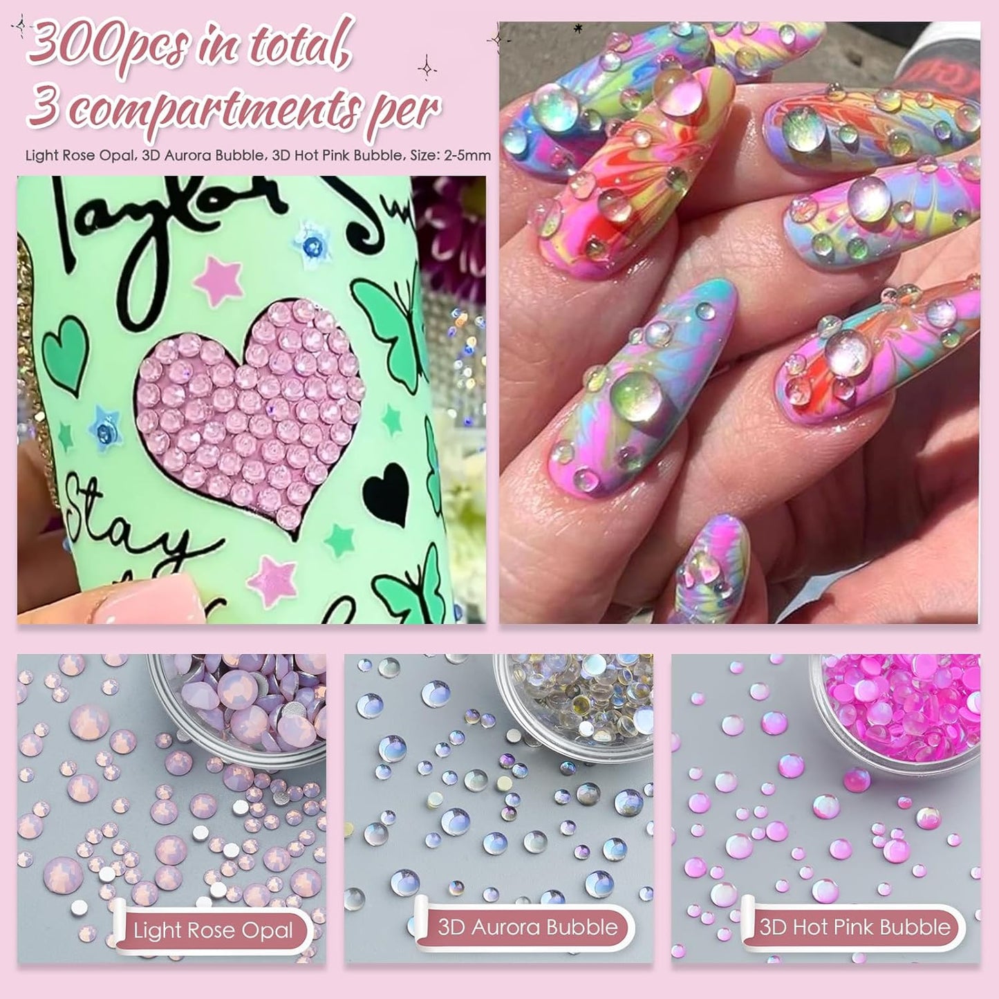 Rhinestones, AB Crystal Nail Gems Pink Opal Nail Rhinestones with Aurora Bubble Beads Pearls Star Heart Bows Nail Charms and Rhinestone Picker Tools for Kwaii Y2K Nail Art Decor - 3 Boxes-Velvo Beauty