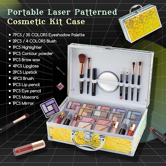 Color Nymph Beginner Makeup Kit for Teens, Train Case Girls Makeup Set with Eye Shadow, Lipstick, Blush, Brushes, Lipgloss, Mascara, Brow Wax and Mirror Green Full Starter Cosmetics Set-Velvo Beauty