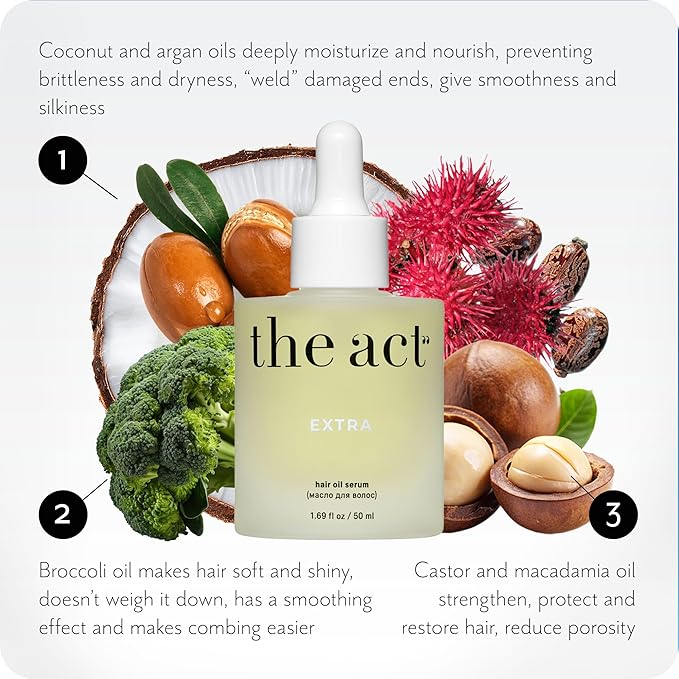 The Act Hair Oil for Dry & Frizzy Hair – Leave-In Lightweight Treatment with Argan, Coconut & Castor Oil – Non-Greasy Finish – 1.69 fl oz-Velvo Beauty