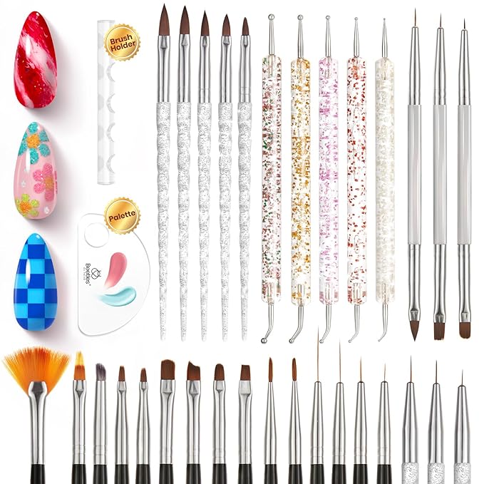 Beetles 31pcs Nail Art Brushes, Dotting Tools, Nail Art Pens, Dust Brush, Striping Liner Fingernail Drawing Pens with Palette Holder All in One for Starter Manicure Design Set-Velvo Beauty