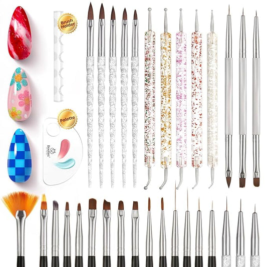 Beetles 31pcs Nail Art Brushes, Dotting Tools, Nail Art Pens, Dust Brush, Striping Liner Fingernail Drawing Pens with Palette Holder All in One for Starter Manicure Design Set-Velvo Beauty