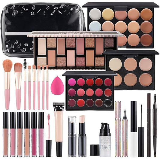 Makeup Kit For Women Full kit, Makeup Set For Teen Girls Eyeshadow Lip gloss Lipstick Make up Brushes Eyebrow Eyeliner Pen Liquid Concealer Foundation Primer Puff Eye shadow Shields Eye Brow Stencil-Velvo Beauty