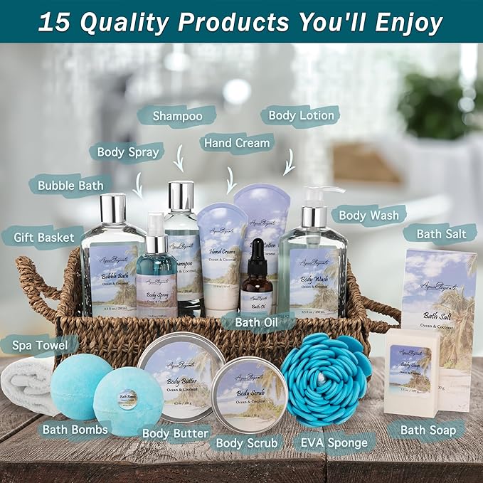 Bath Spa Gift Sets - Luxury Basket With Ocean & Coconut - Spa Kit Includes Wash, Bubble Bath, Lotion, Bath Salts, Body Scrub, Body Spray, Shower Puff, Bathbombs, Soap in Wooden Basket-Velvo Beauty
