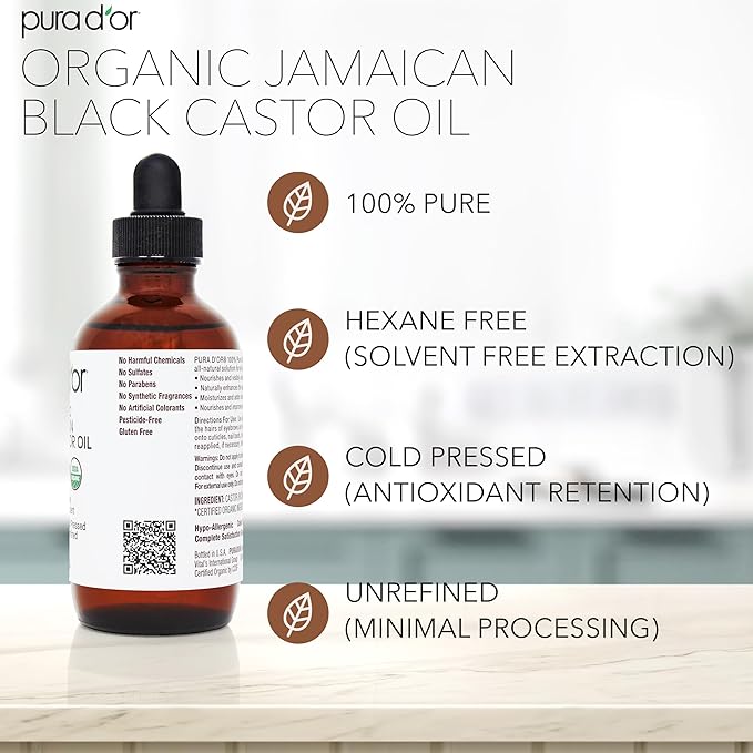 PURA D'OR 4 Oz ORGANIC Jamaican Black Castor Oil - Natural Smoky Scent - w/ 2 BONUS Empty Brushes - 100% Pure USDA Certified Cold Pressed & Roasted, Hexane Free Eyelash & Eyebrow Serum-Velvo Beauty