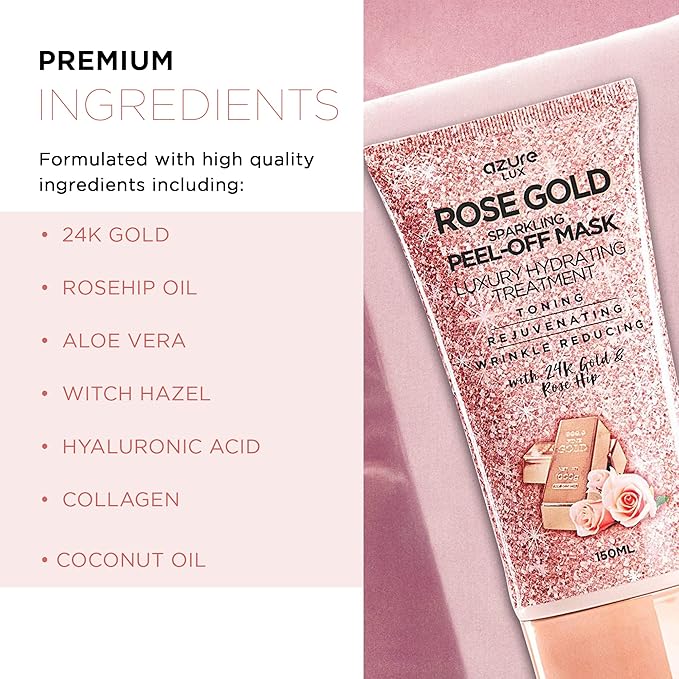 Azure Cosmetics Rose Gold Sparkling Peel-Off Face Mask – Luxury Hydrating & Firming Skincare with 24K Gold & Rose Hip Oil – Helps Reduce Fine Lines, Tone Skin & Improve Texture – 150 ml-Velvo Beauty