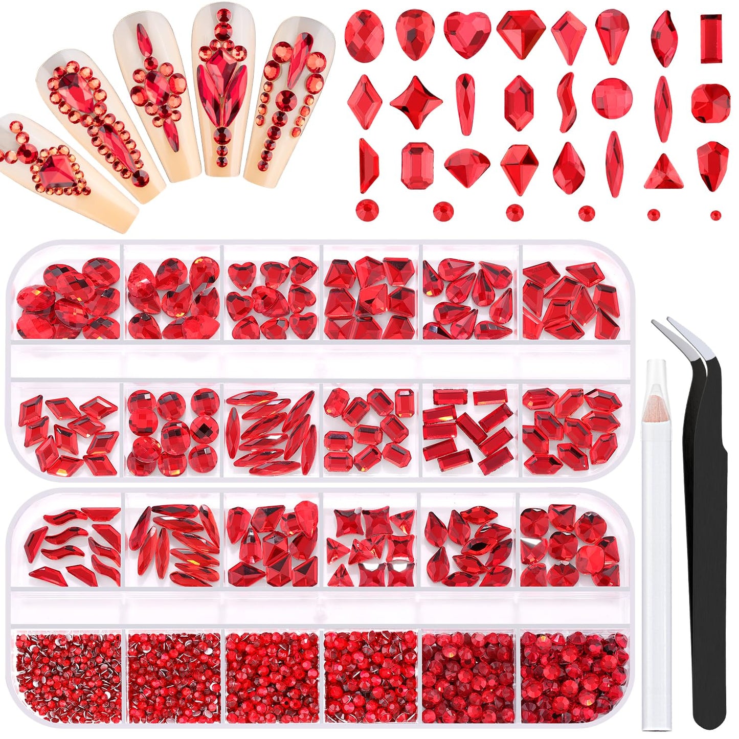 1680Pcs Red Glass Nail Rhinestones 180Pcs Multi Shapes Flatback Nail Gems + 1500Pcs 1.5-4mm Round Crystal, Manicure Nail Charms Diamond Gemstones for Acrylic Nails Decoration-Velvo Beauty