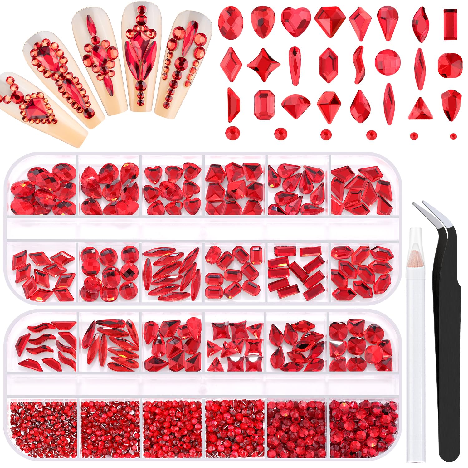 1680Pcs Red Glass Nail Rhinestones 180Pcs Multi Shapes Flatback Nail Gems + 1500Pcs 1.5-4mm Round Crystal, Manicure Nail Charms Diamond Gemstones for Acrylic Nails Decoration-Velvo Beauty