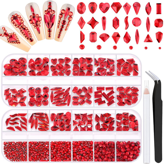 1680Pcs Red Glass Nail Rhinestones 180Pcs Multi Shapes Flatback Nail Gems + 1500Pcs 1.5-4mm Round Crystal, Manicure Nail Charms Diamond Gemstones for Acrylic Nails Decoration-Velvo Beauty