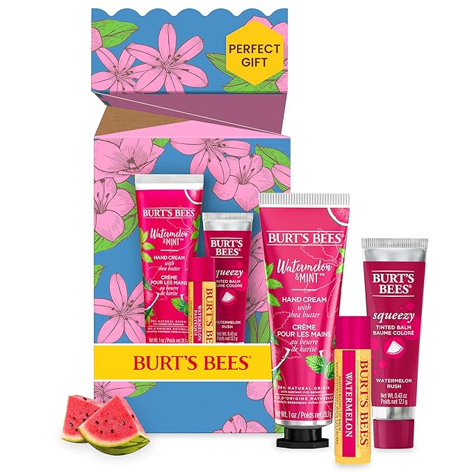 Burt's Bees Mothers Day Gifts for Mom, 3 Self Care Products, You're One in a Melon - Watermelon & Mint Hand Cream, Watermelon Lip Balm & Watermelon Rush Squeezy Tinted Lip Balm (Packaging May Vary)-Velvo Beauty