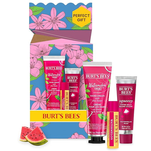 Burt's Bees Mothers Day Gifts for Mom, 3 Self Care Products, You're One in a Melon - Watermelon & Mint Hand Cream, Watermelon Lip Balm & Watermelon Rush Squeezy Tinted Lip Balm (Packaging May Vary)-Velvo Beauty