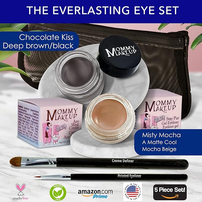 The Everlasting Eye 5 Piece Waterproof Makeup Set. Gel Eyeliner, Creme Eyeshadow, 2 brushes and Mesh Bag. Paraben-free, Talc-free, Cruelty-free. Misty Mocha/Chocolate Kiss 1802-Velvo Beauty