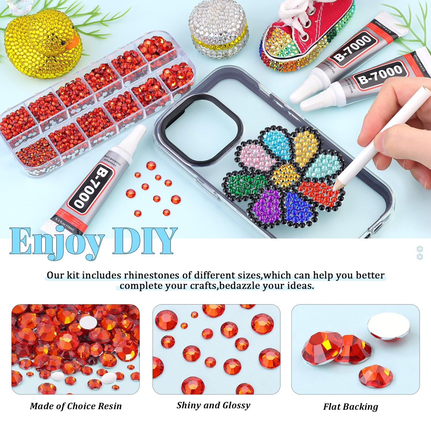 6000Pcs Resin Rhinestones for Bedazzling with 3Pcs B7000 Jewelry Glue, 1 Box Red Zircon Flatback Rhinestones for Crafting Crafts DIY, Crystals Gems for Clothing Shoes Tumblers Nail Art Makeup-Velvo Beauty
