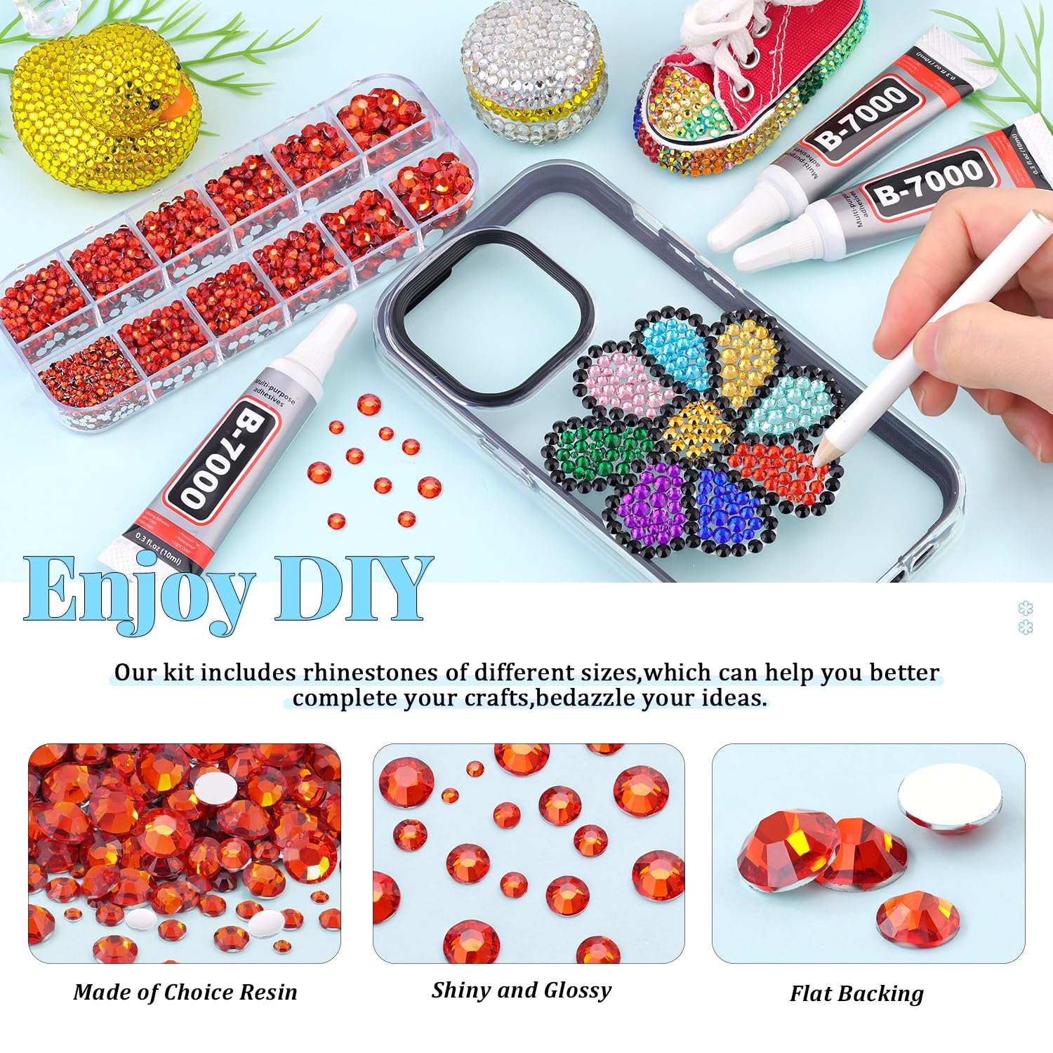 6000Pcs Resin Rhinestones for Bedazzling with 3Pcs B7000 Jewelry Glue, 1 Box Red Zircon Flatback Rhinestones for Crafting Crafts DIY, Crystals Gems for Clothing Shoes Tumblers Nail Art Makeup-Velvo Beauty