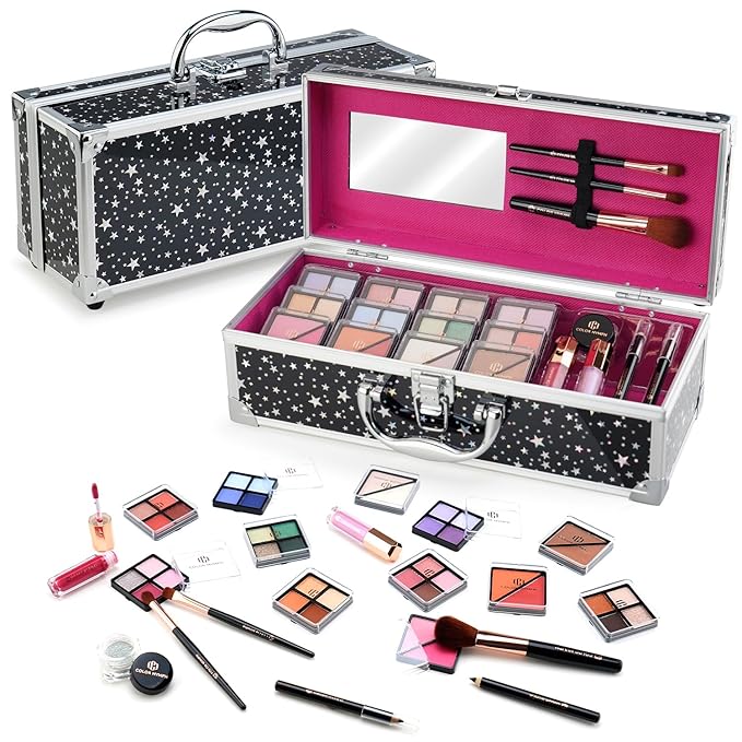 Color Nymph Beginners Makeup Kit With Train Case For Teenagers Girls, Full Starter Cosmetics Set Included 32 Colors Eyeshadow, Glitter Cream, Blush, Highlighter, Lip Gloss and Brush (Black)-Velvo Beauty