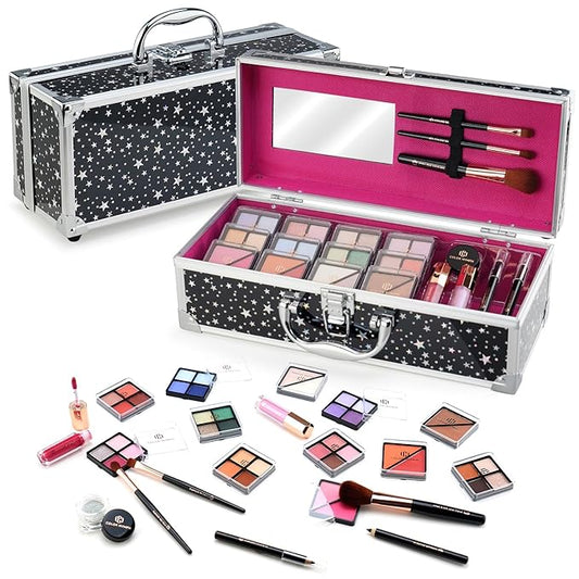 Color Nymph Beginners Makeup Kit With Train Case For Teenagers Girls, Full Starter Cosmetics Set Included 32 Colors Eyeshadow, Glitter Cream, Blush, Highlighter, Lip Gloss and Brush (Black)-Velvo Beauty