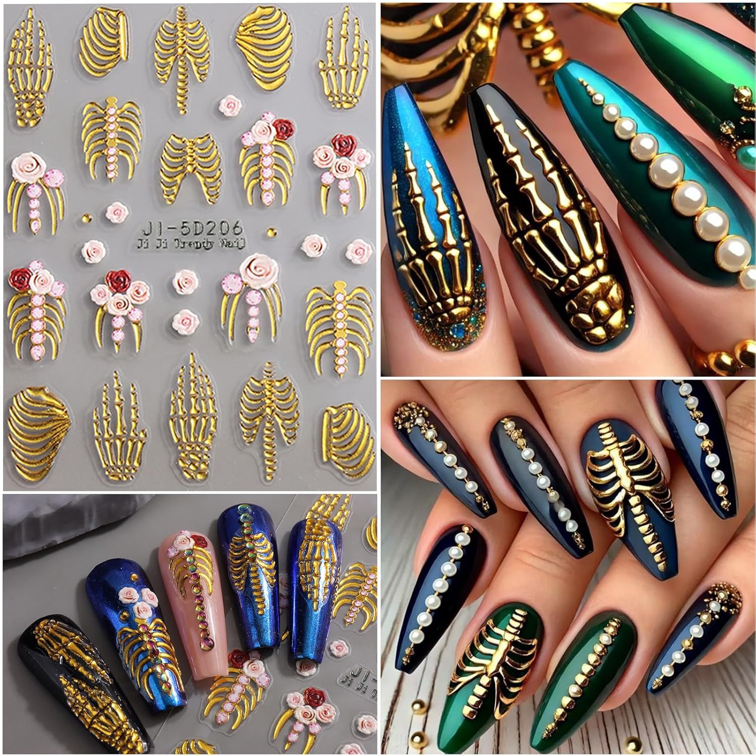 5 Sheets Halloween Nail Art Stickers Decals 5D Nail Decals Gold White Bone Pattern Sticker Self-Adhesive Skull Nails Supplies Accessories 3for Women Halloween Nails DIY Decoration-Velvo Beauty