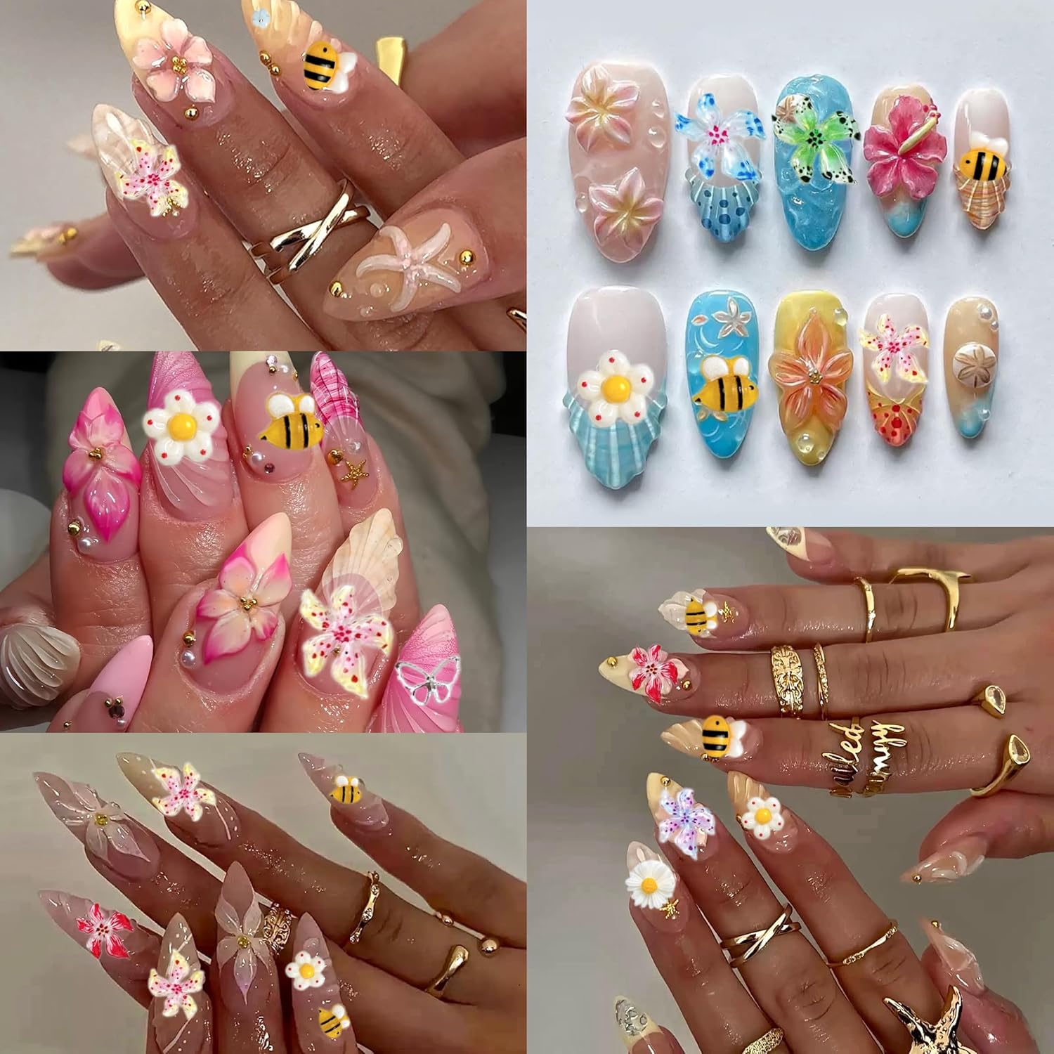 Flowers Nail Charms and Gems, Cute 3D Bee Daisy Hawaii Flowers Nail Art Charms for Acrylic Nails, Gold Silver Butterfly Nail Rhinestone and Charms,White Flatback Pearl Nail Charms Manicure DIY Crafts-Velvo Beauty