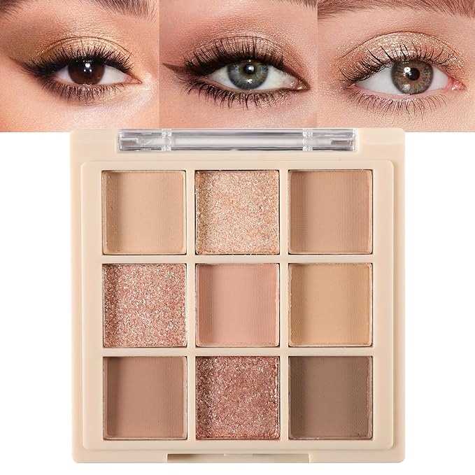 Erinde 9 Colors Eyeshadow Palette, Matte Shimmer Glitter Eye Shadow Makeup Palette, Highly Pigmented Long Lasting Waterproof, Natural Neutral Nude Eyeshadow Makeup Pallet, Milk Latte Color-Velvo Beauty