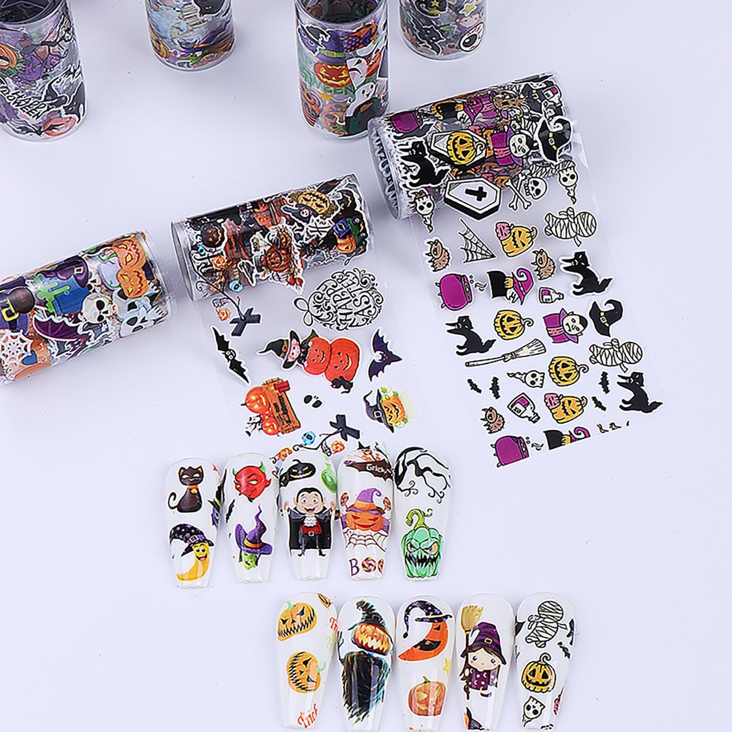 10 Rolls Halloween Nail Transfer Foil Stickers Set Halloween Theme Nail Art Foils Decals Cartoon Design Nail Foil Transfers Pumpkin Bat Ghost Skull Cat Nail Decorations for Women Manicure Supplies-Velvo Beauty