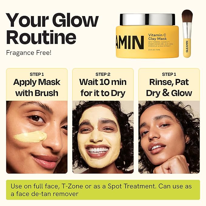 Gleamin Vitamin C Clay Mask for Dark Spots, Turmeric Clay Face Mask Skin Care, Deeply Cleanses & Refines Pores, Brightens Uneven Tone and Helps Improve Post-Blemish Scarring & Texture, Up to 20 Uses-Velvo Beauty
