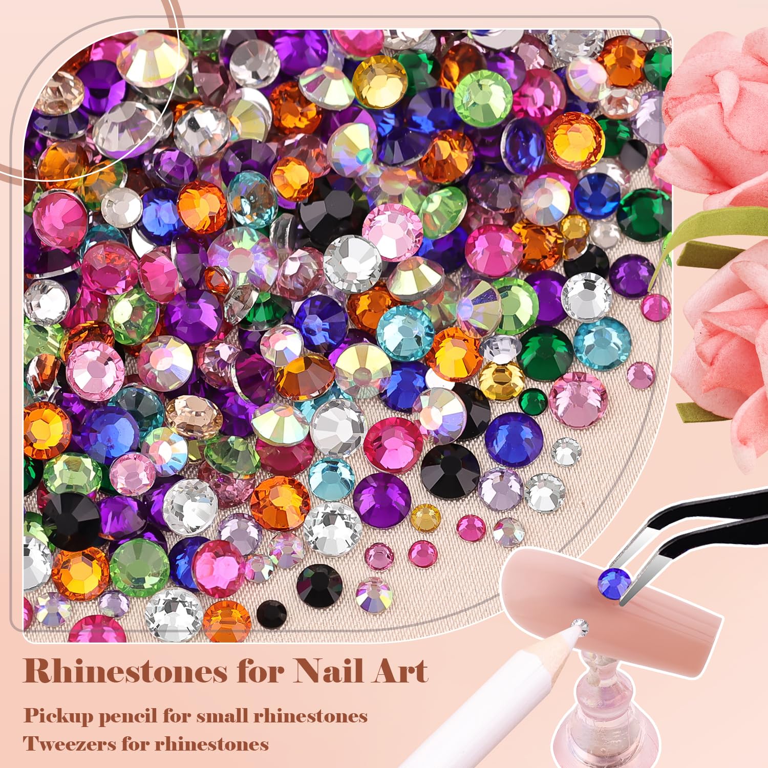 Nail Art Rhinestone Glue Gel&2 Boxes Flatback Gems Kit, 1 Tube of 15ml Rhinestone Gel Glue+Colorful Gems+Flat Back Round Glass Crystal AB&Clear Gemstones with Pickup Tools-Velvo Beauty