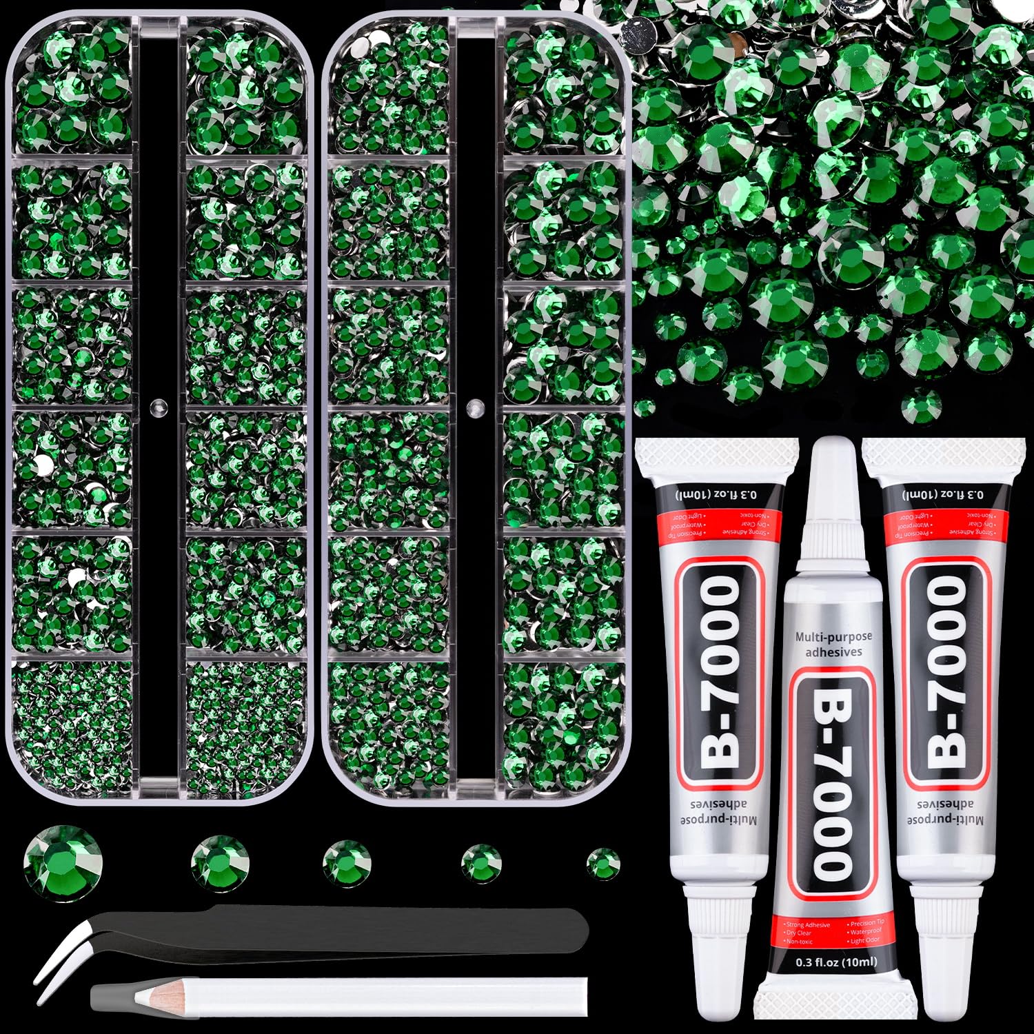 Resin Rhinestones for Crafting with B7000 Jewelry Glue, 2 Boxes Dark Green Flatback Crystals with 3Pcs 10ml Glue for Bedazzling Crafts DIY Nail Art Makeup，Non Hotfix Gems for Clothing Shoes-Velvo Beauty