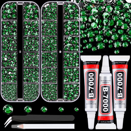 Resin Rhinestones for Crafting with B7000 Jewelry Glue, 2 Boxes Dark Green Flatback Crystals with 3Pcs 10ml Glue for Bedazzling Crafts DIY Nail Art Makeup，Non Hotfix Gems for Clothing Shoes-Velvo Beauty