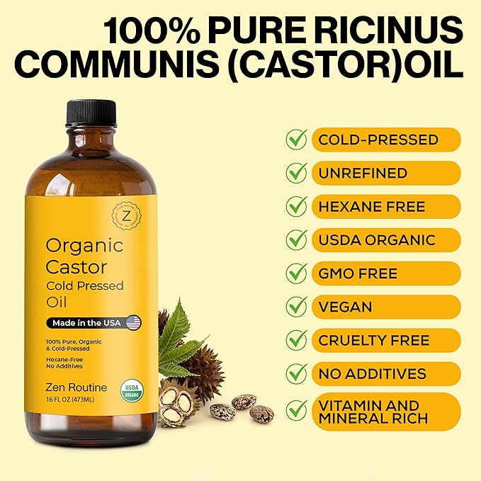 Zen Routine Organic Castor Oil (Glass Bottle - 16oz / 2-Pack) Hexane Free – Hair Growth Oil, Eye Lashes & Stomach, Pure 100% Cold Pressed Unrefined Castor Pack Wrap – USDA Certified, Made in the USA-Velvo Beauty