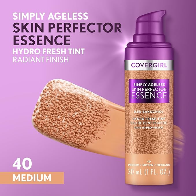 Covergirl Simply Ageless Skin Perfector Essence Foundation, 40 Medium, Tinted Skin Perfector, Skincare Makeup Hybrid, Sheer Tint, Radiant Finish, Skin-Like Finish, Vegan Formula, 1.0oz-Velvo Beauty