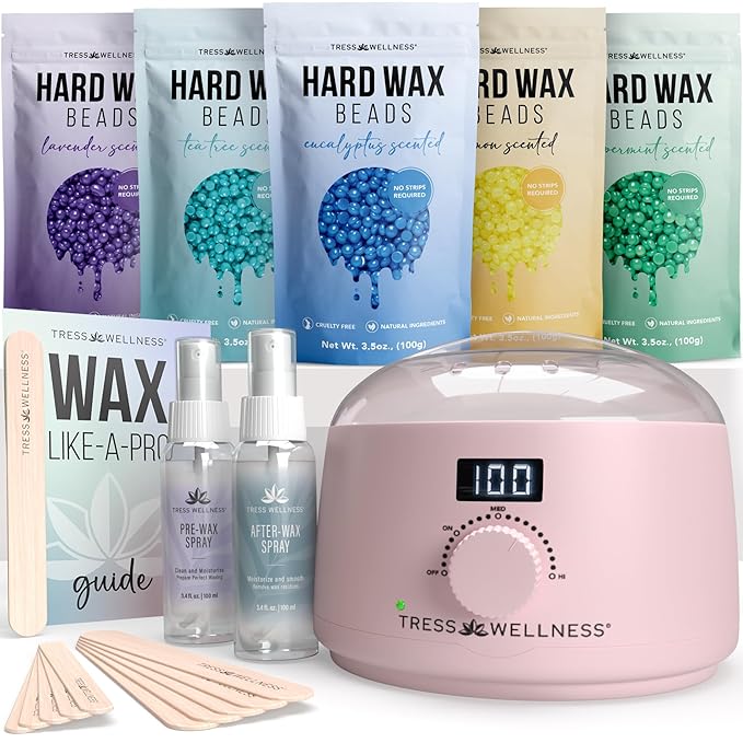 Tress Wellness Waxing Kit for Sensitive Skin – Safe for Face & Skin, Prep & Aftercare Spray, Easy to Use – At-Home Kit for Face, Bikini, Brazilian & Full Body - Digital Display, Pink-Velvo Beauty