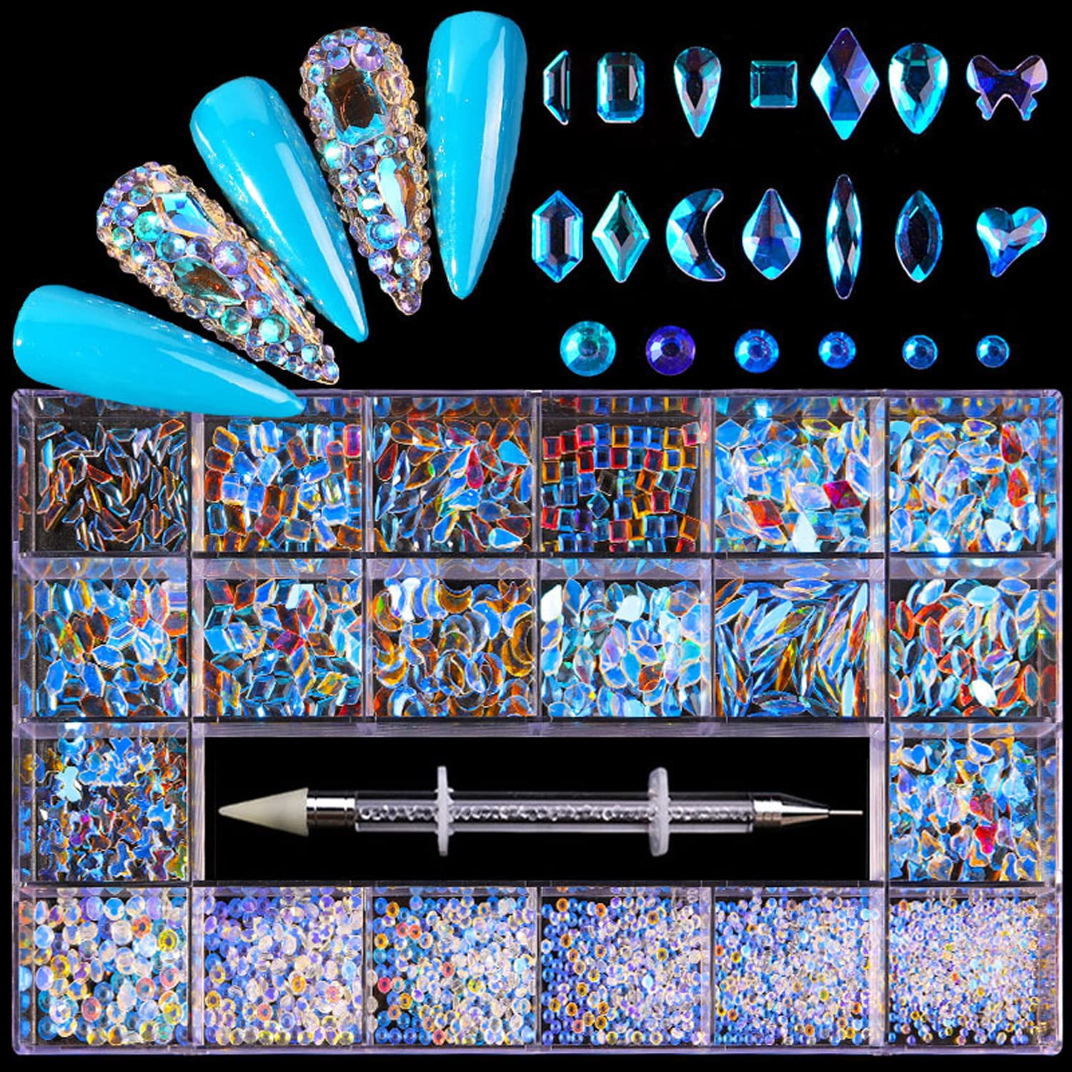 Nail Rhinestones Kit, Nail Art Decorations with Wax Pencil Flat AB Rhinestones Kit DIY Crafts Gemstones for Nail, Shoes, Clothes, Jewels (600 Aurora Diamonds + 2500 Flat Rhinestone)-Velvo Beauty