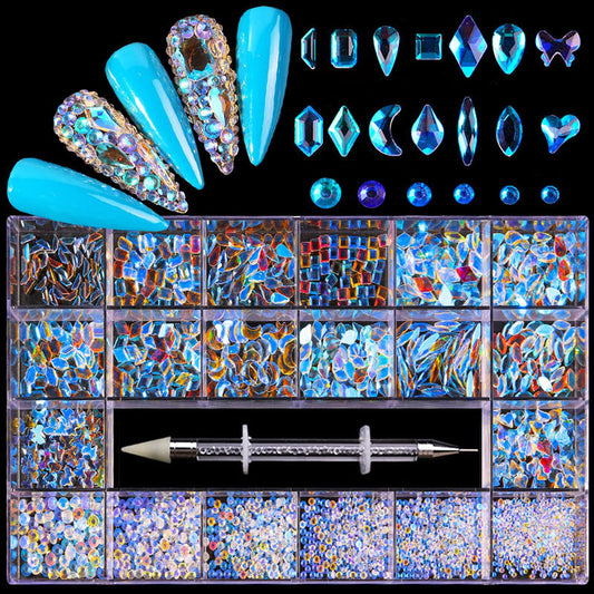 Nail Rhinestones Kit, Nail Art Decorations with Wax Pencil Flat AB Rhinestones Kit DIY Crafts Gemstones for Nail, Shoes, Clothes, Jewels (600 Aurora Diamonds + 2500 Flat Rhinestone)-Velvo Beauty