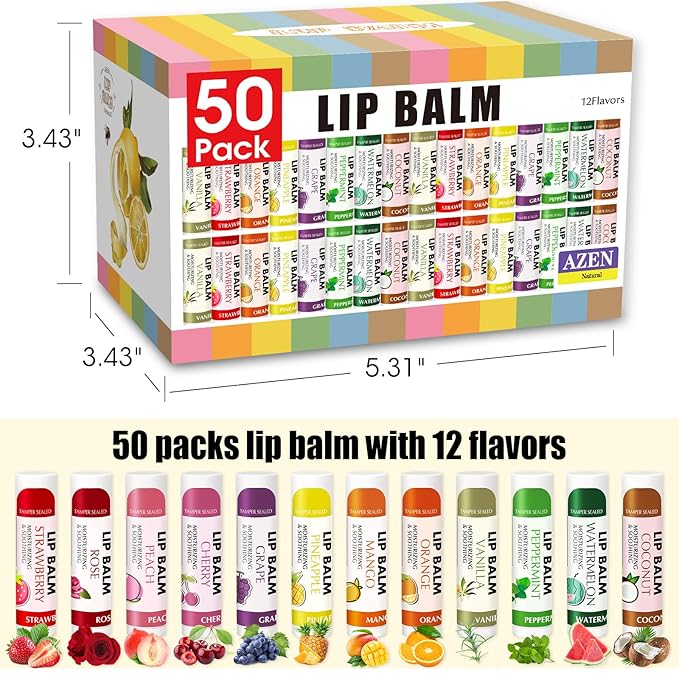 AZEN 50 Pack Lip Balm, Natural Lip Balm Bulk, Lip Care Product, Moisturizing Lip Balm for dry cracked lips-Velvo Beauty