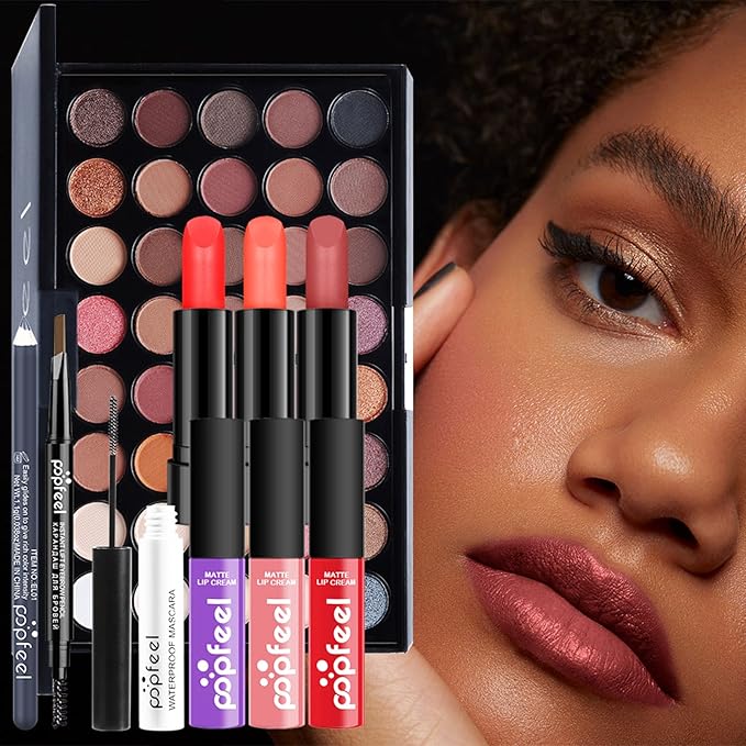 Makeup Kit For Women Full Kit, Naked Shimmer Eyeshadow Palette, Waterproof Black Eyeliner & Mascara, Makeup Tools Set, Lipstick, Premium Synthetic Foundation Powder for Medium to Dark Skin-Velvo Beauty